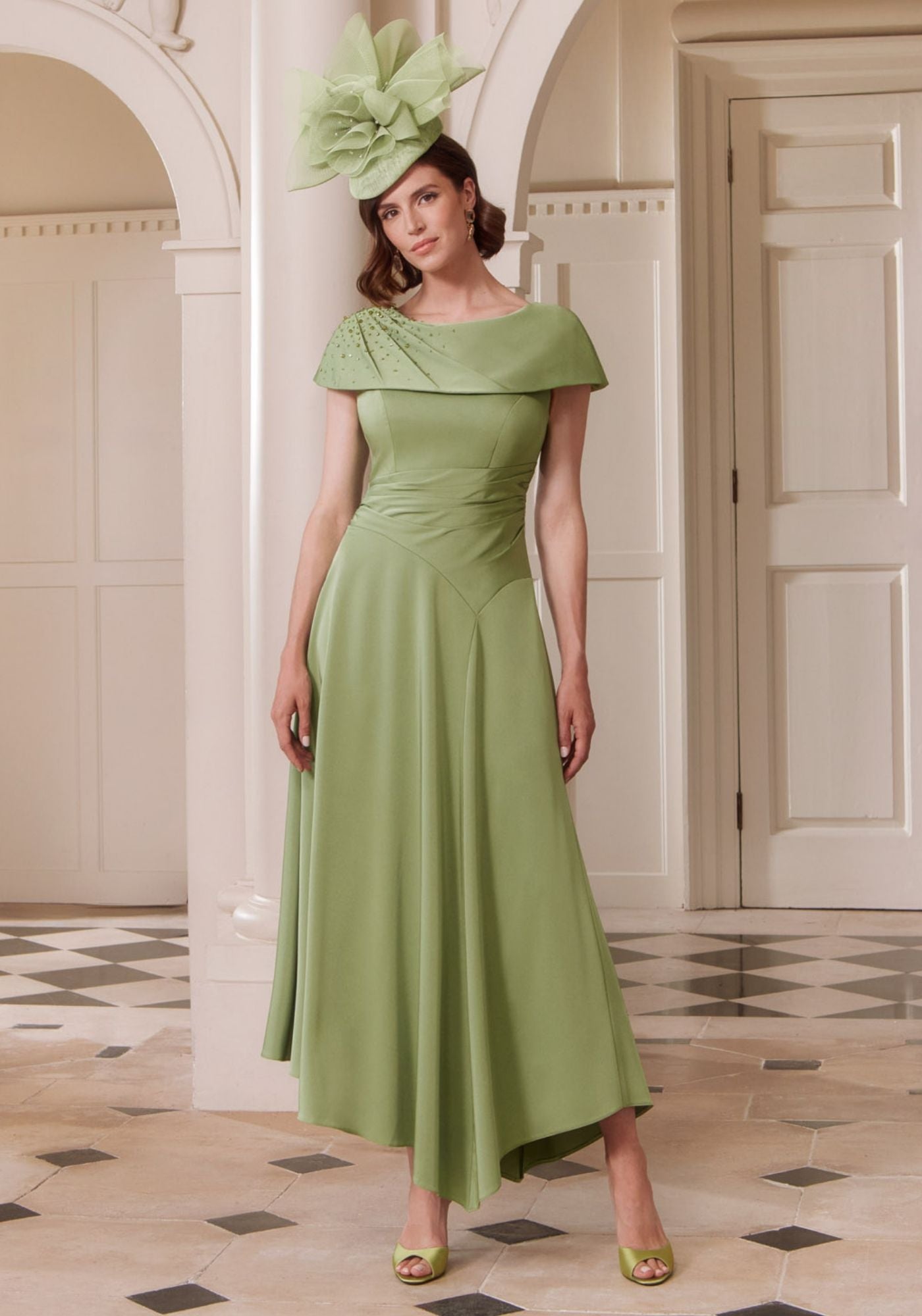 29313 Bardot Crepe Dress with Beaded Collar