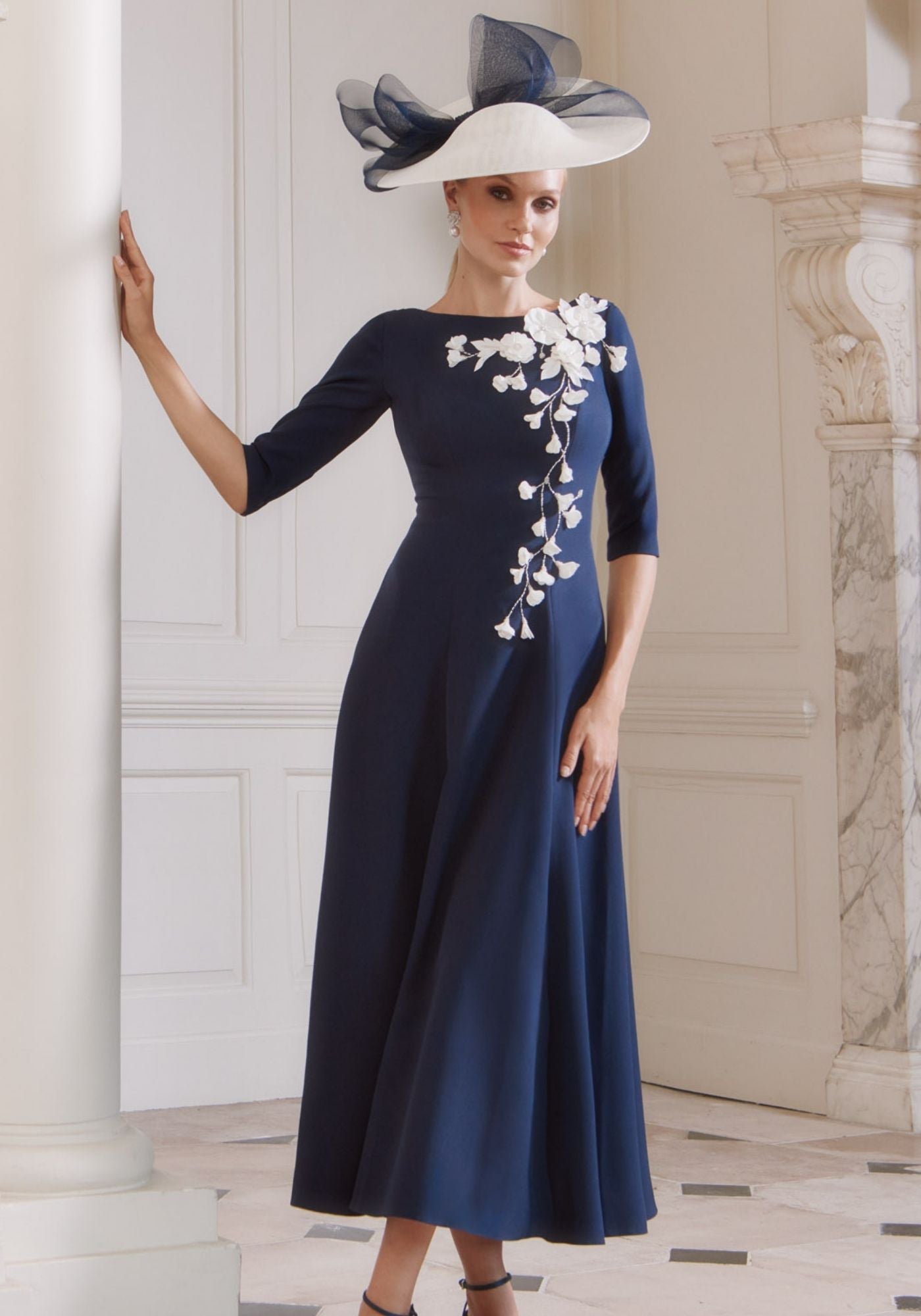 29315 Boatneck A-Line Dress with Ivory Beading