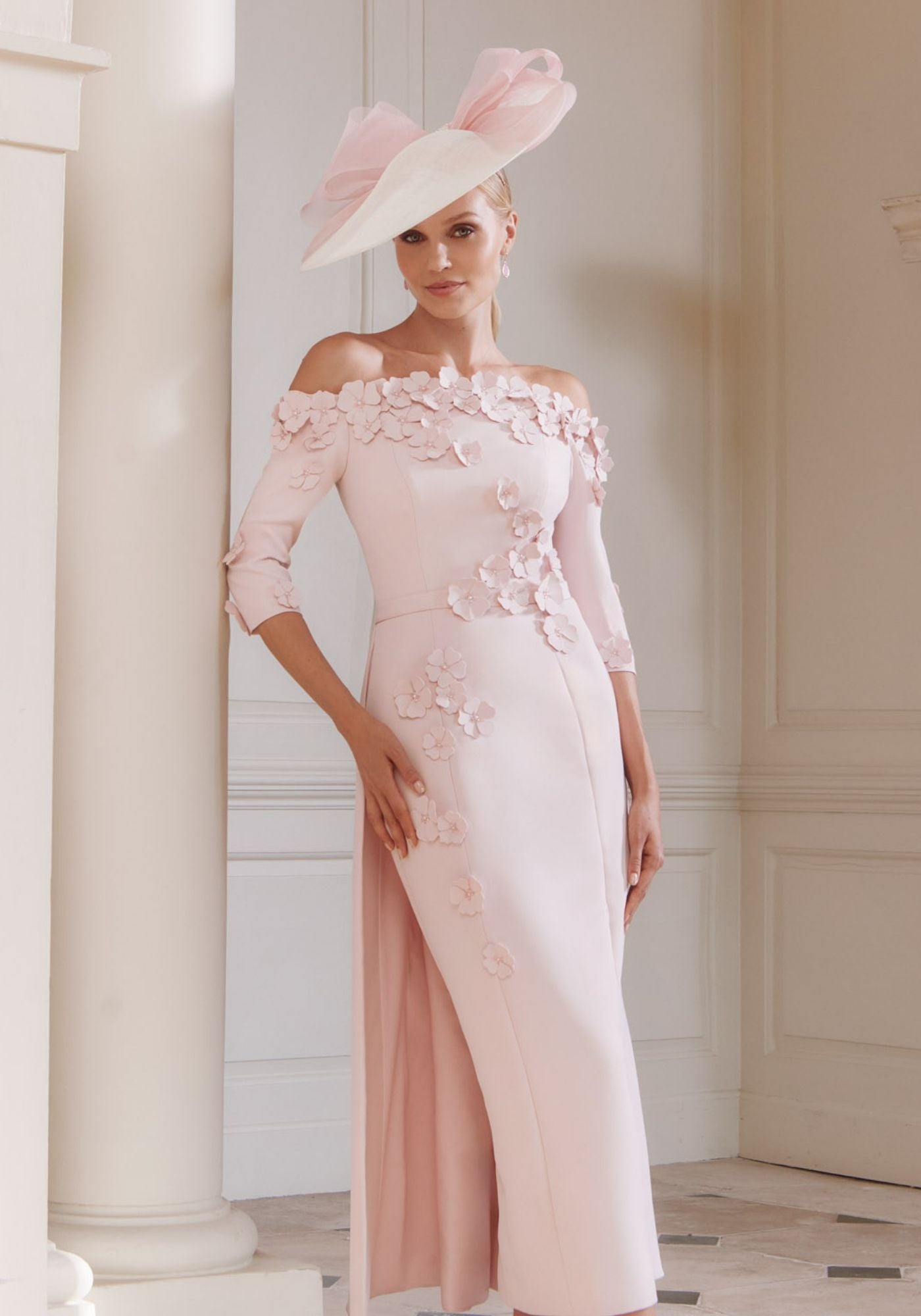 29318 Off-the-Shoulder Crepe Midi Dress with Overskirt