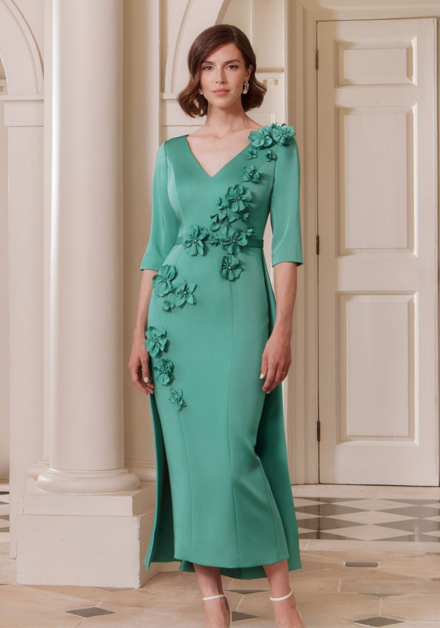 29334 V-Neck Crepe Dress with 3D Floral Embellishments