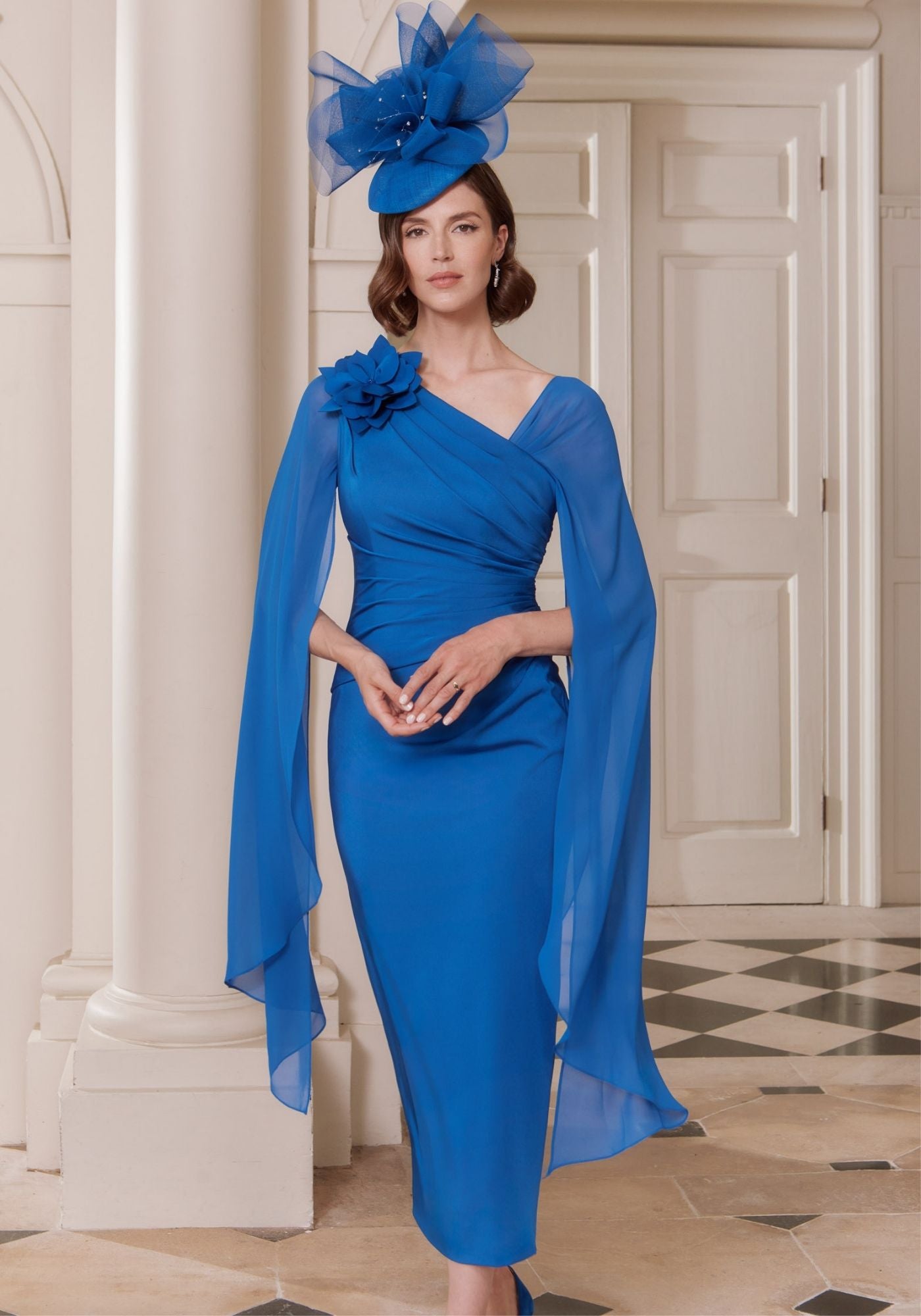 29344 Crepe Pencil Midi Dress with Chiffon Cape Sleeves