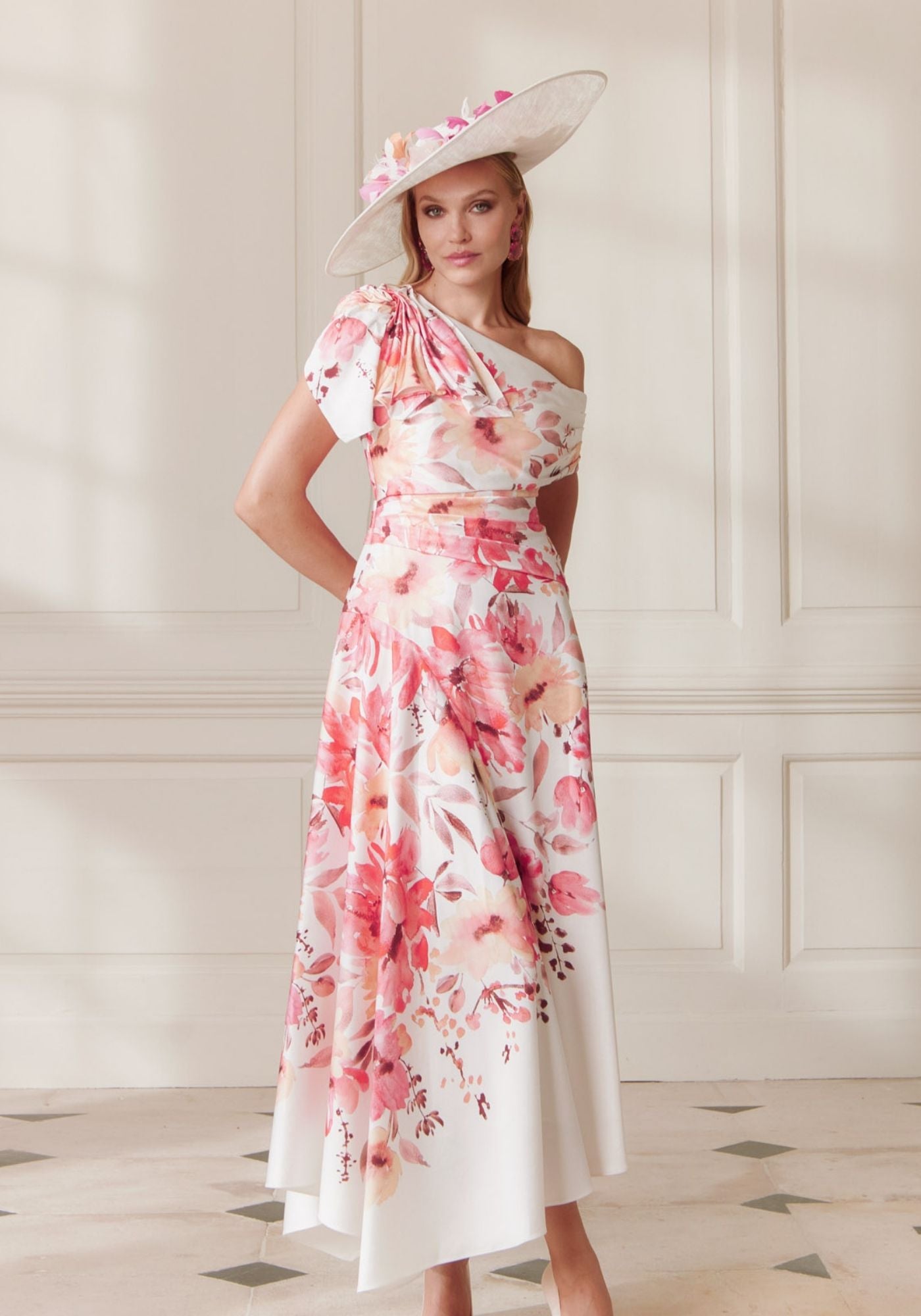 66686C Printed Crepe Dress with Asymmetric Hem & Flutter Sleeve