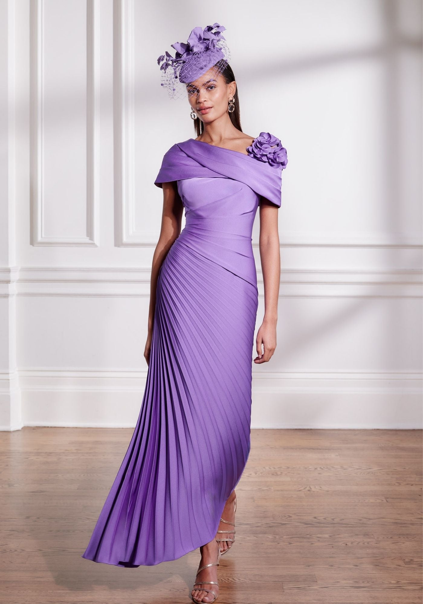 66703 Crepe Midi Dress with Plissé Skirt & 3D Floral Shoulder