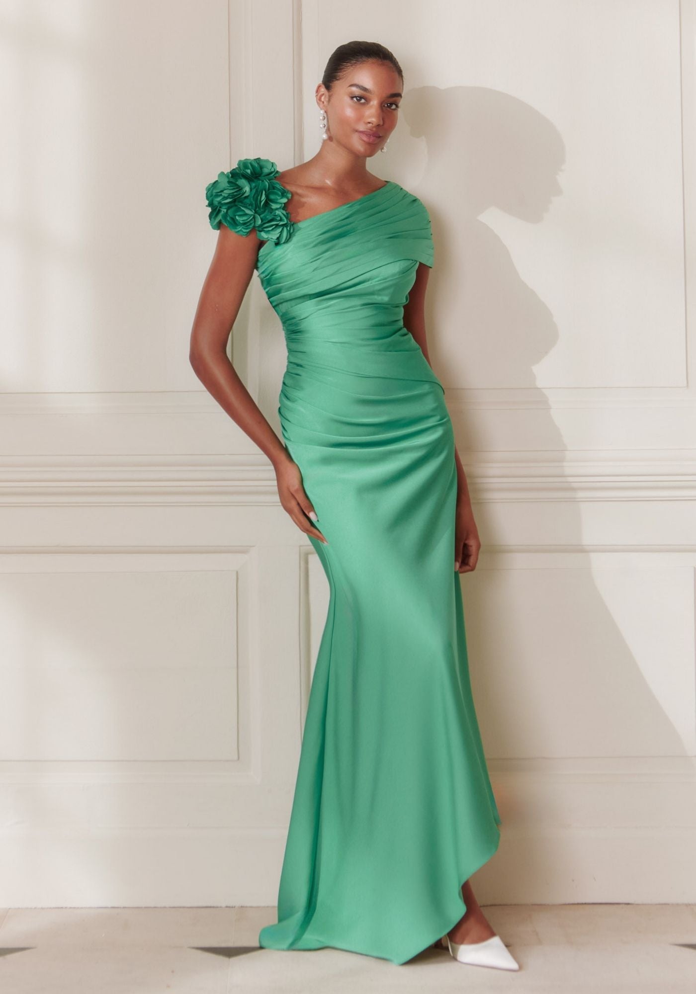 66740 Crepe Midi Dress with Pleated Collar & Floral Cutwork