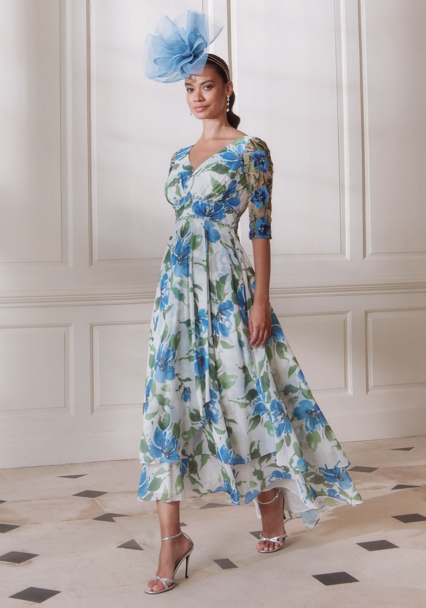 chinese dress ladies 66745 Printed Chiffon Dress with Lace Sleeves & Beaded Waist