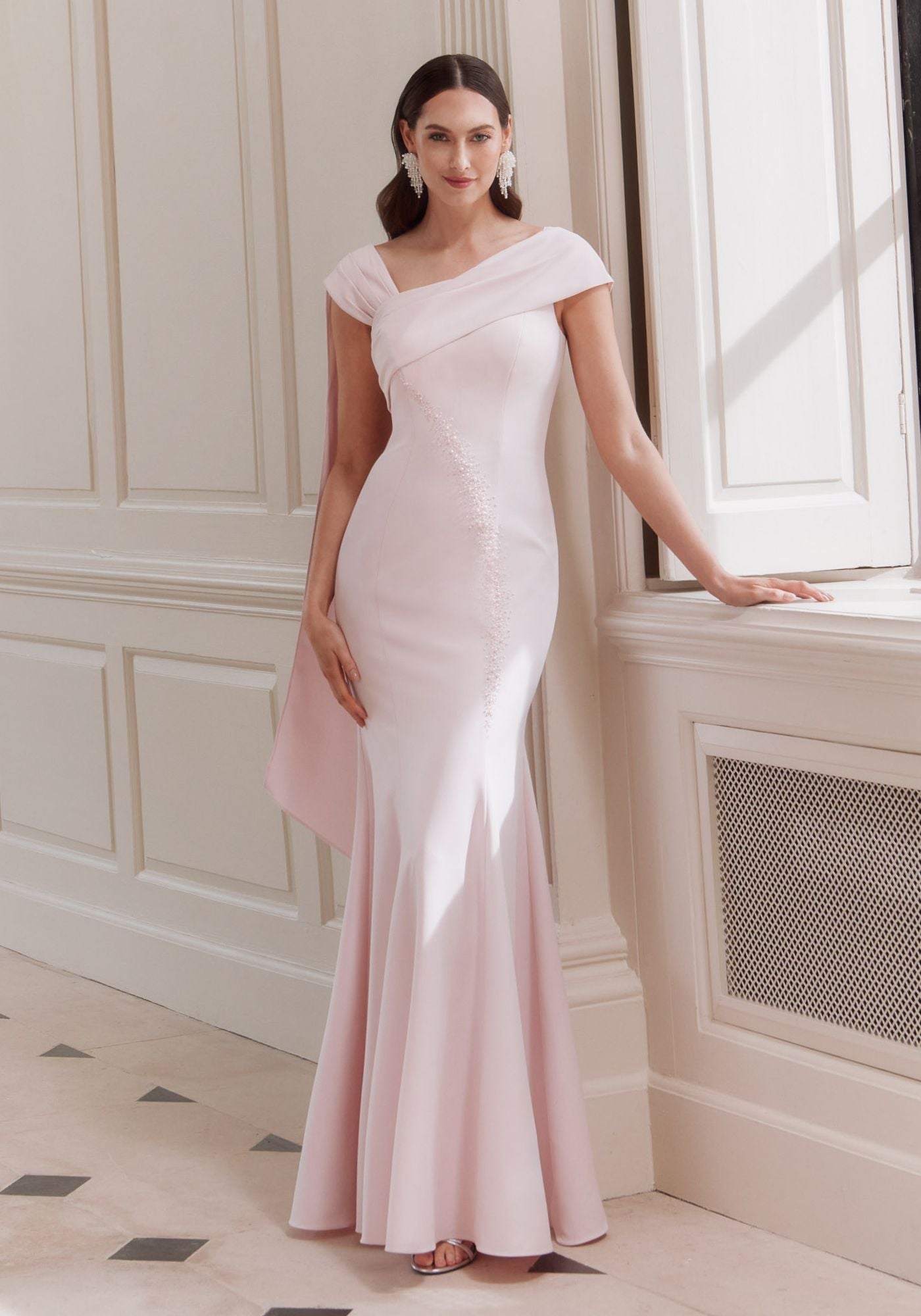 66754 Crepe Dress with Cape Detail & Fluted Skirt