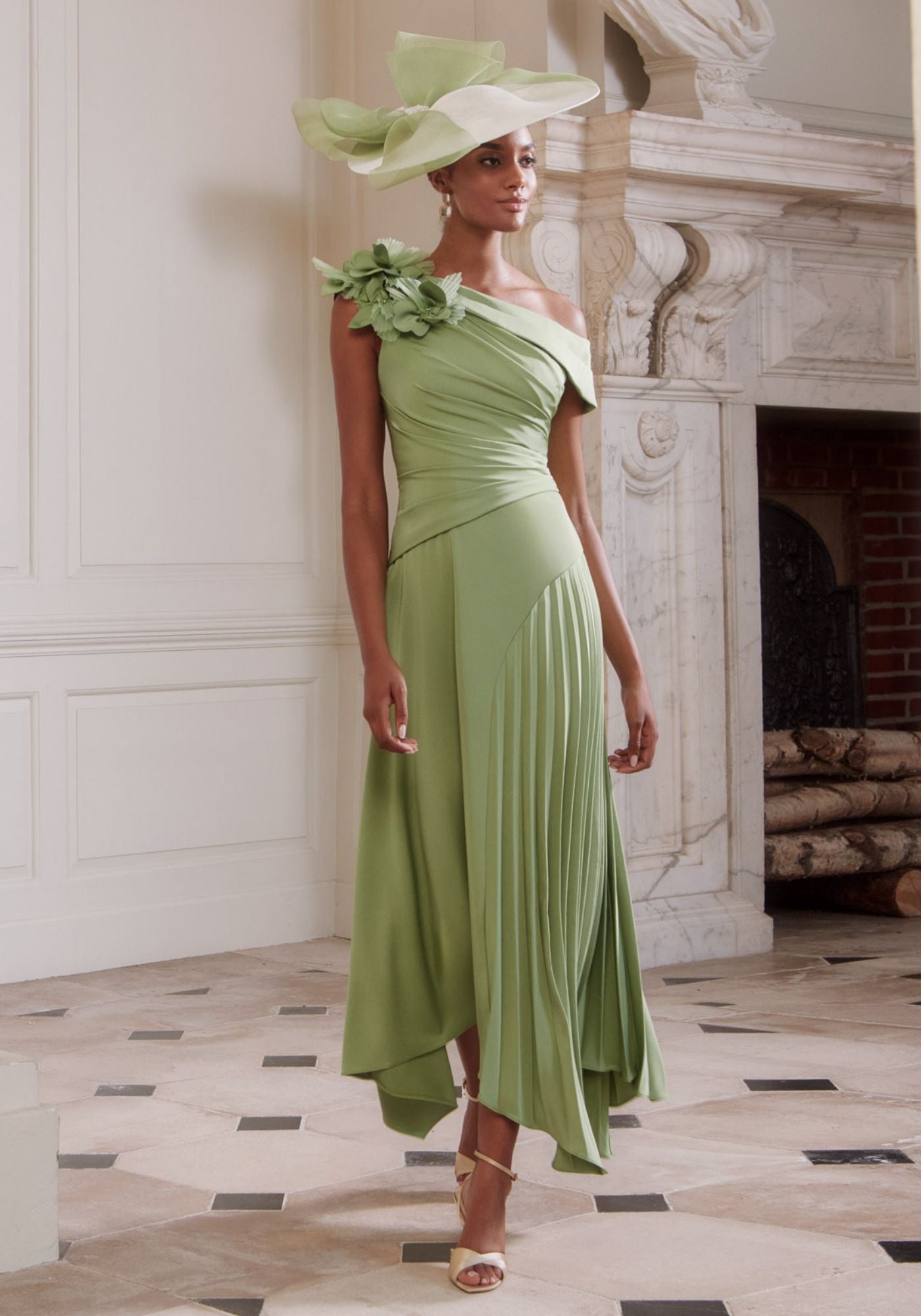 judith & charles midi purple silk flower dress 66755 Pleated A-Line Crepe Midi Dress with Floral Shoulder Detail