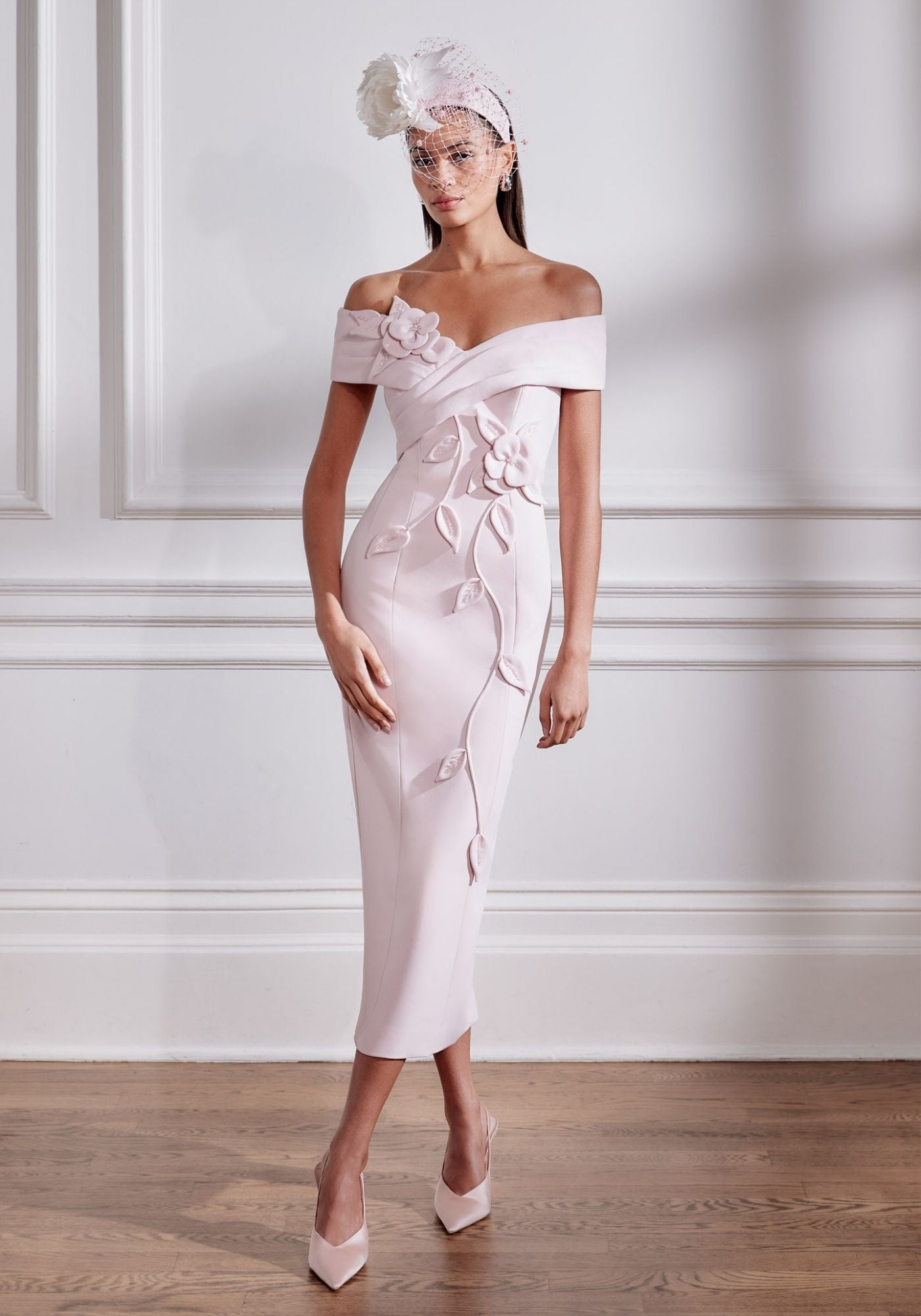 29280 Bardot Crepe Midi Dress with 3D Floral Accents | Mother of