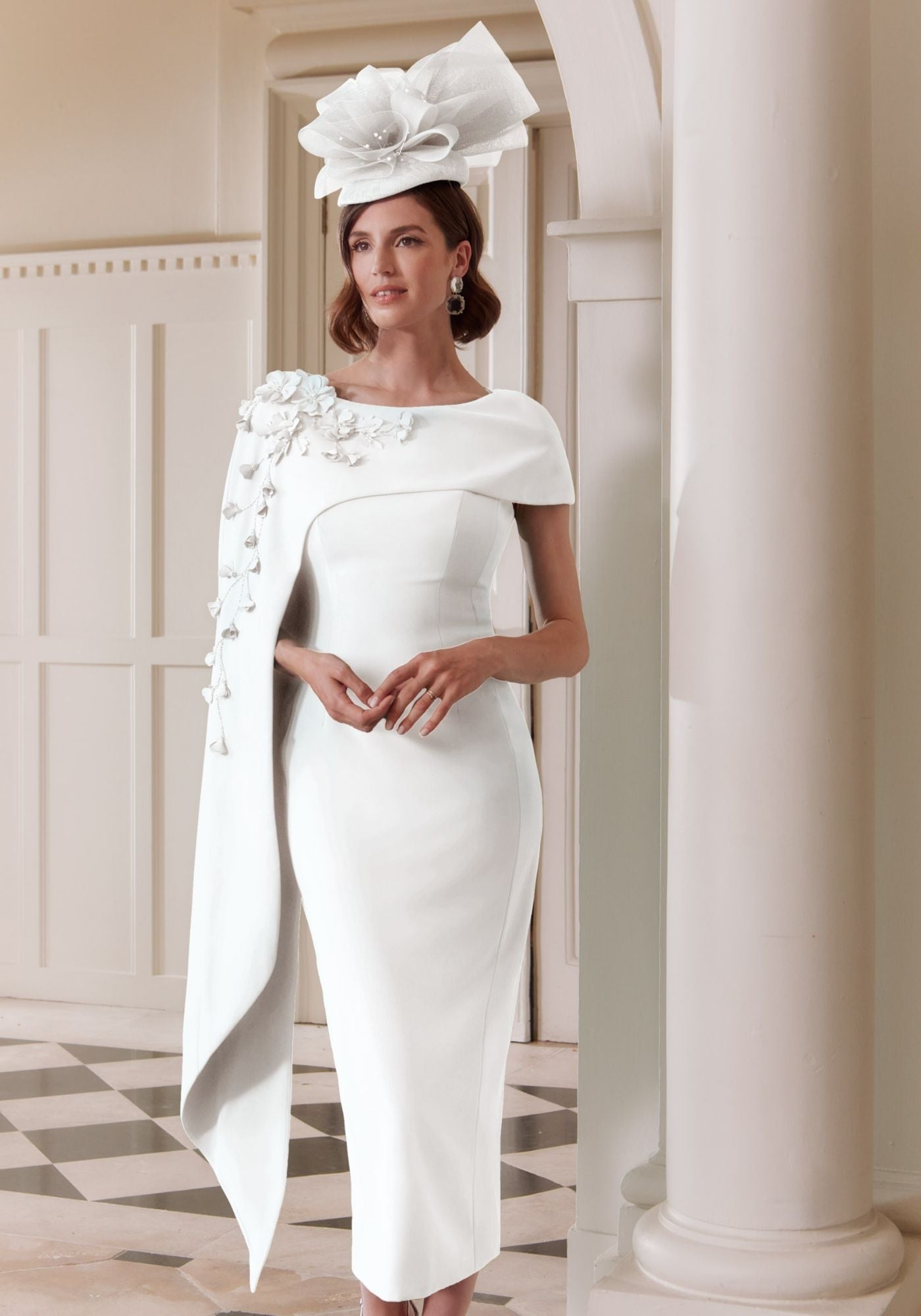 29303 Crepe Midi Dress with 3D Floral Cape | Mother of the Bride