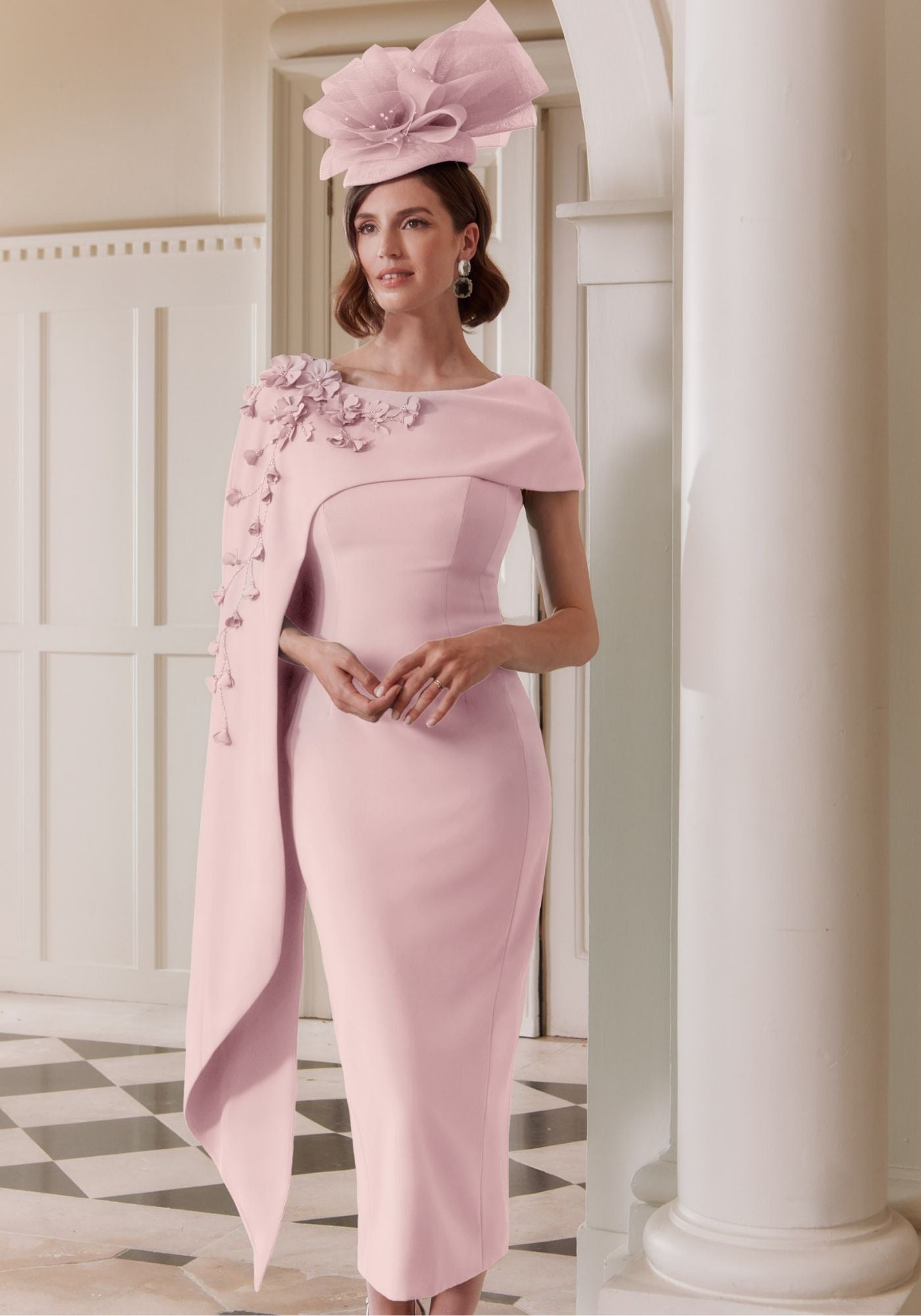 29303 Crepe Midi Dress with 3D Floral Cape | Mother of the Bride