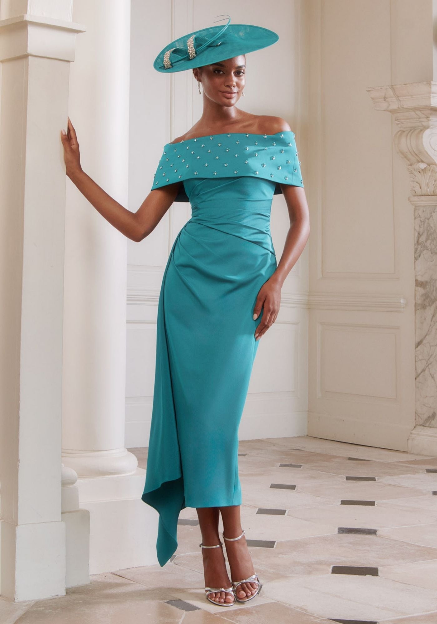 29307 Bardot Crepe Dress with Crystal Embellishment