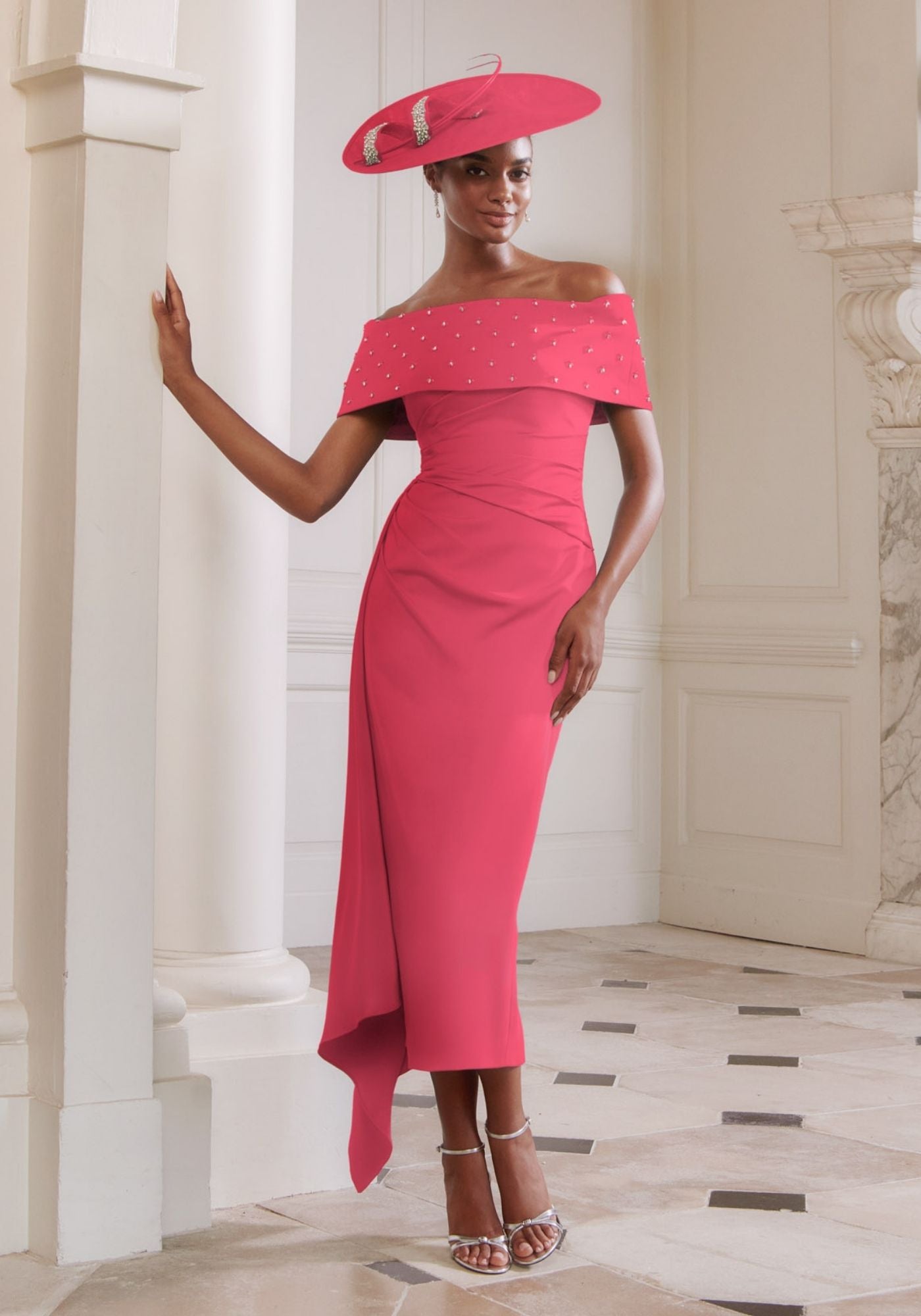 29307 Bardot Crepe Dress with Crystal Embellishment | Occasionwear