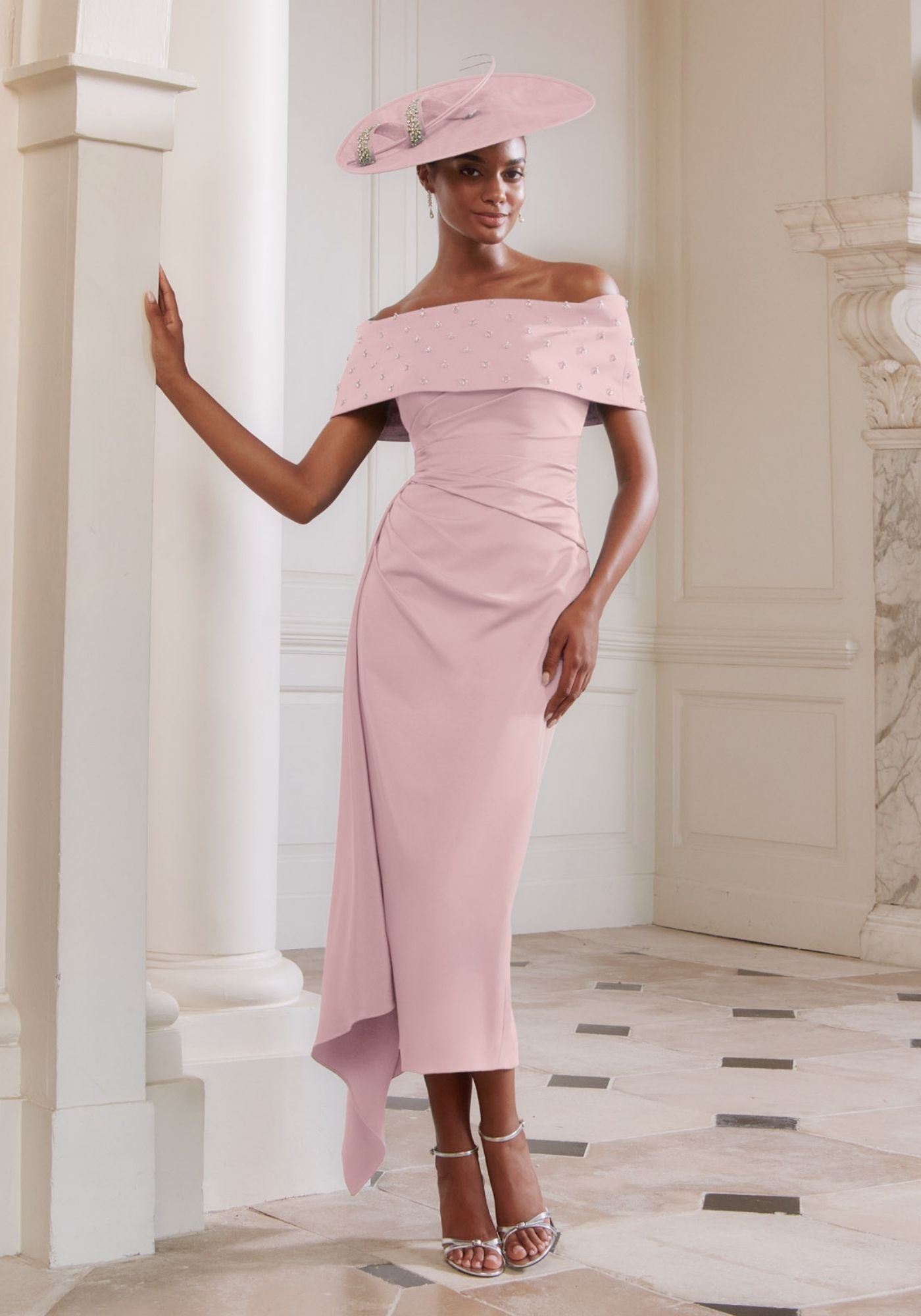 29307 Bardot Crepe Dress with Crystal Embellishment | Occasionwear