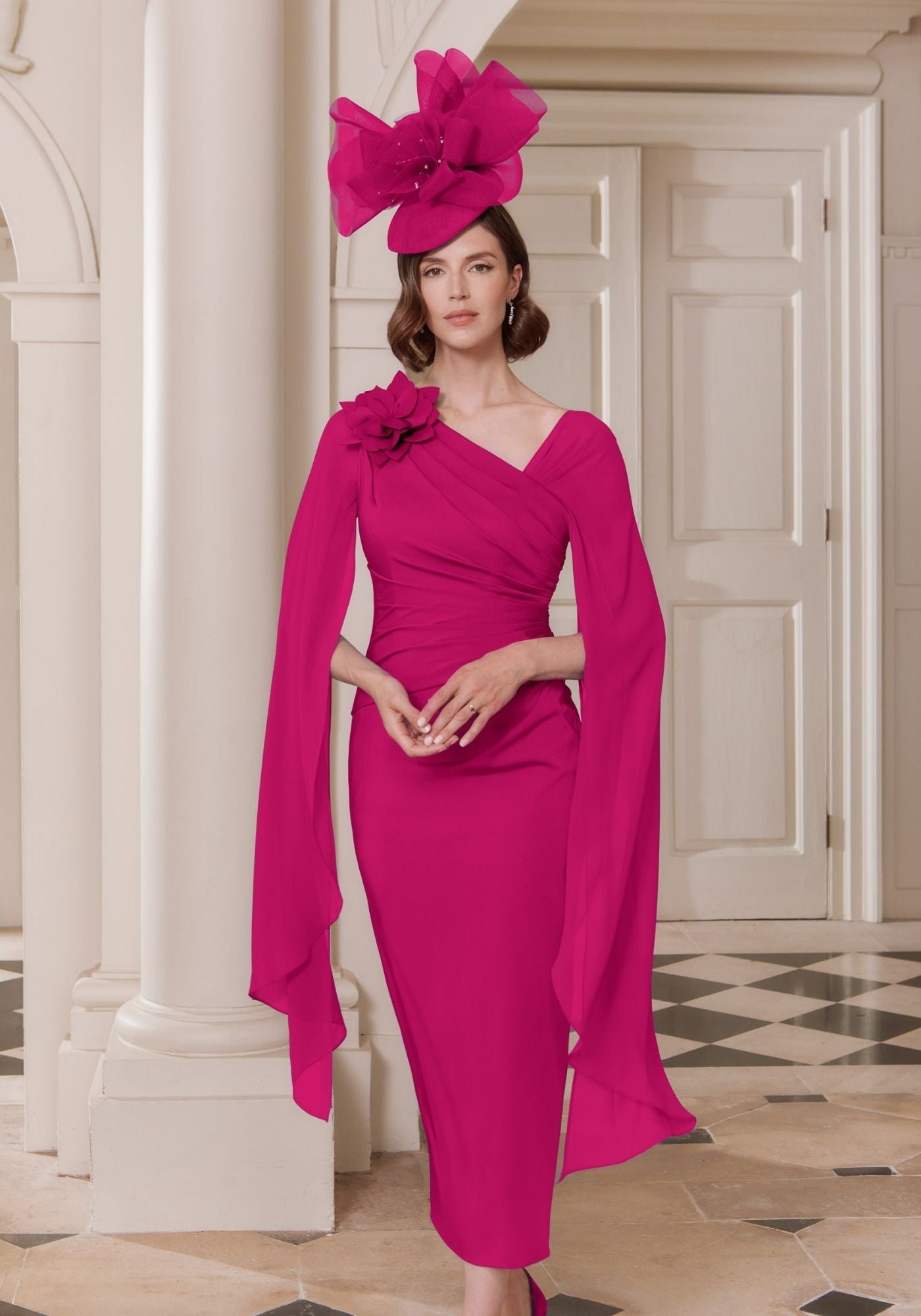 29344 Crepe Pencil Midi Dress with Chiffon Cape Sleeves | Mother