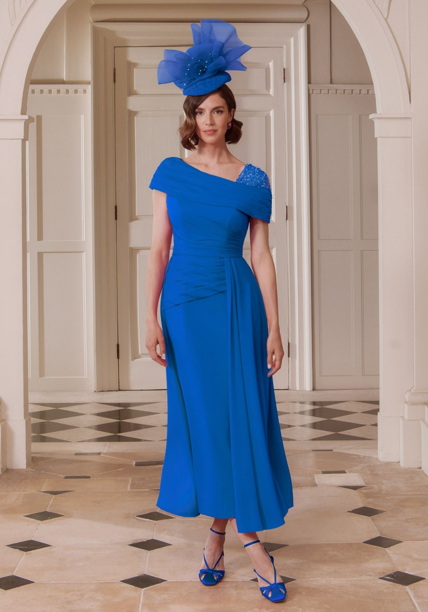29346 Asymmetric Crepe Midi Dress with Chiffon Overskirt | Mother of the Bride John Charles 29346 Asymmetric Crepe Midi Dress with Chiffon Overskirt | Mother of the Bride John Charles