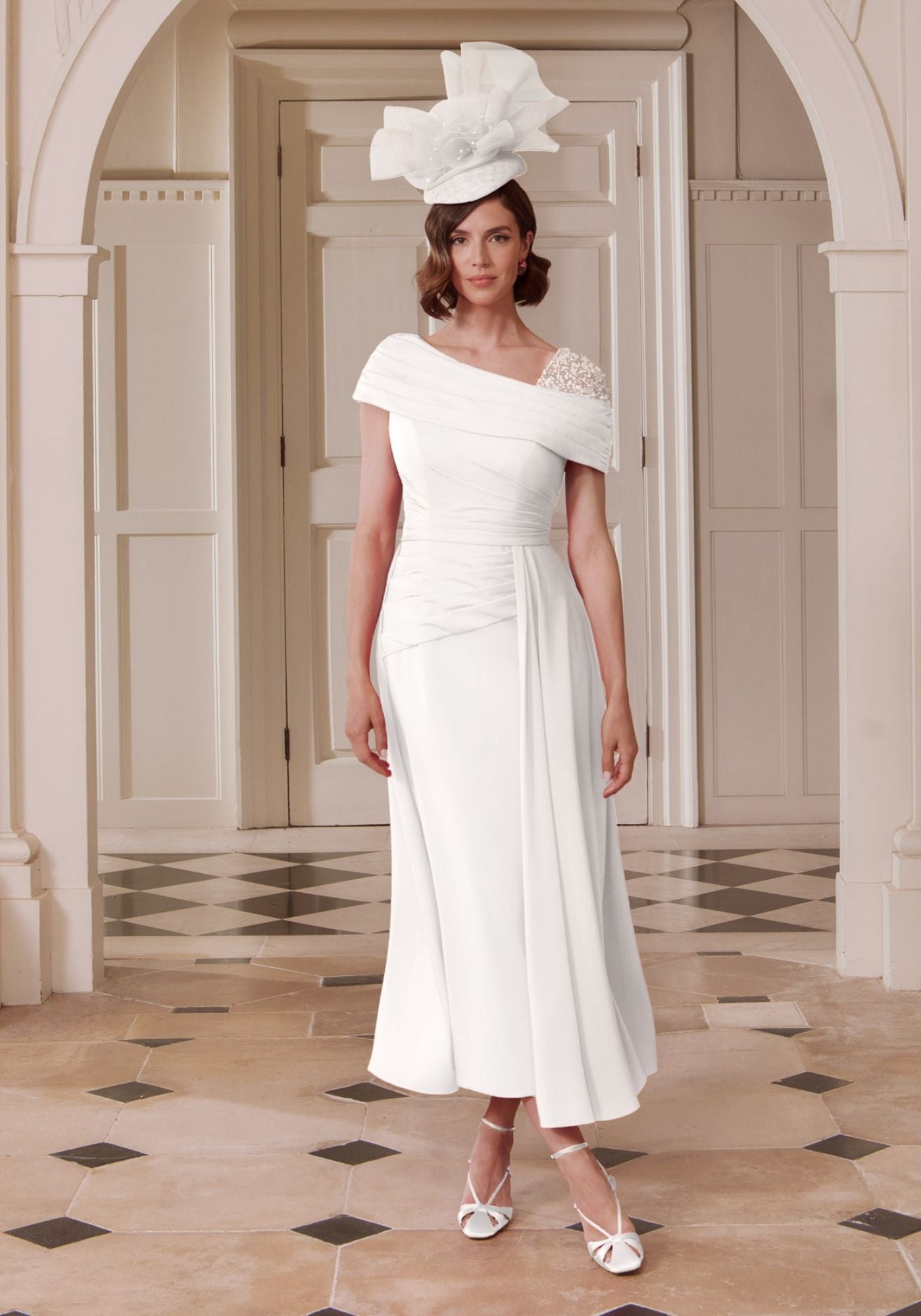 29346 Asymmetric Crepe Midi Dress with Chiffon Overskirt | Mother