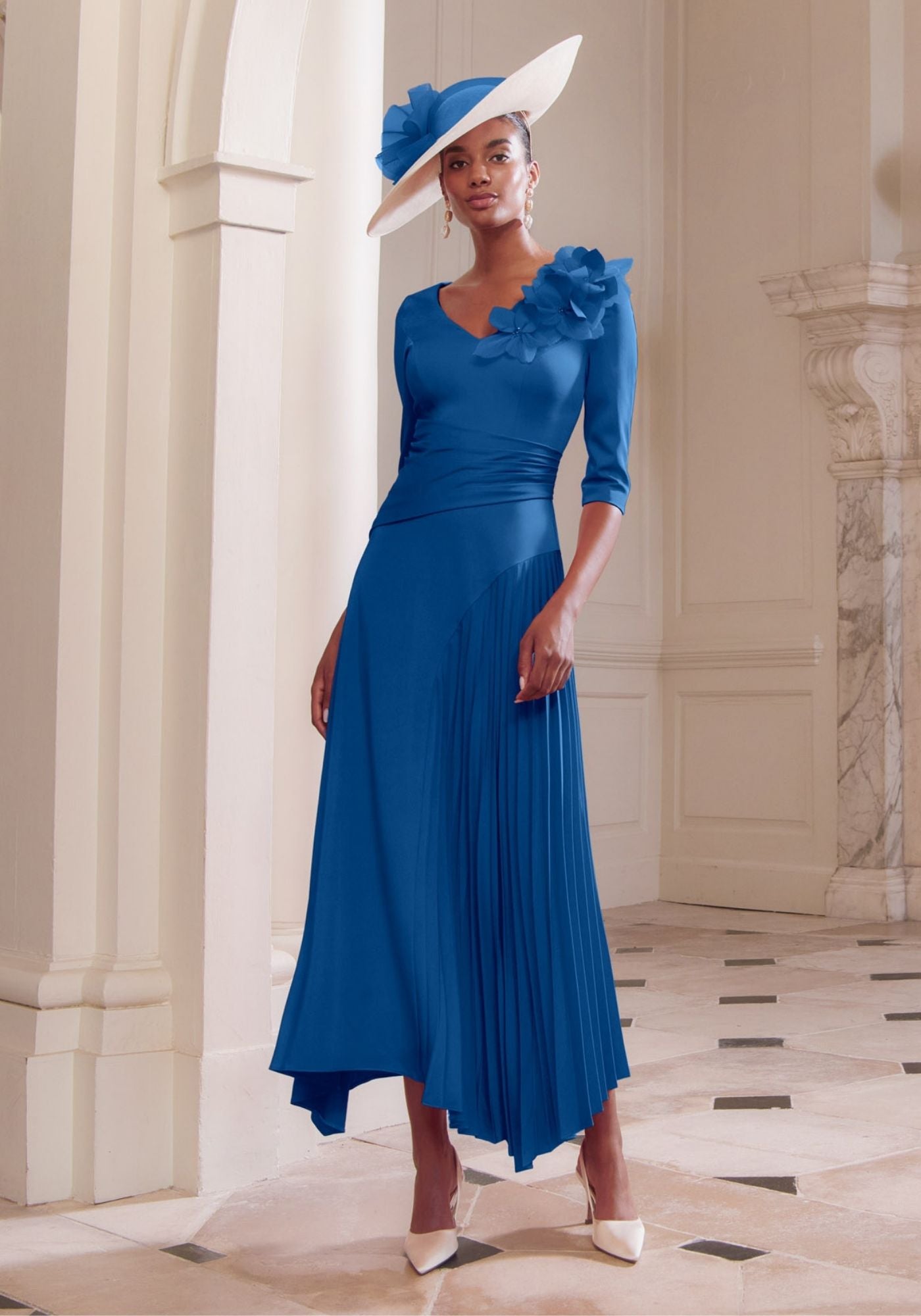 29352 Draped Crepe Midi Dress with Plissé Skirt | Mother of the