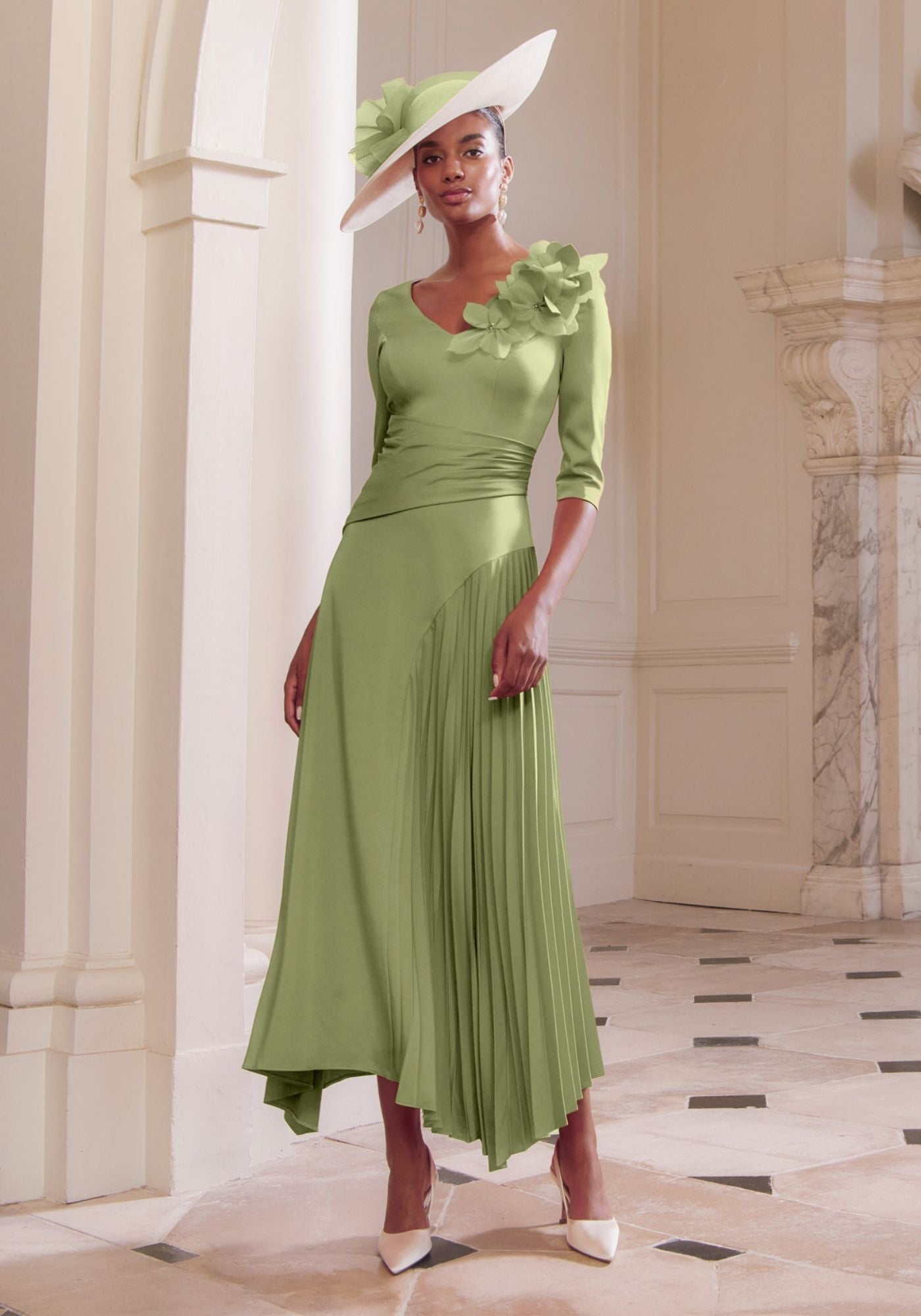 29352 Draped Crepe Midi Dress with Plissé Skirt | Mother of the