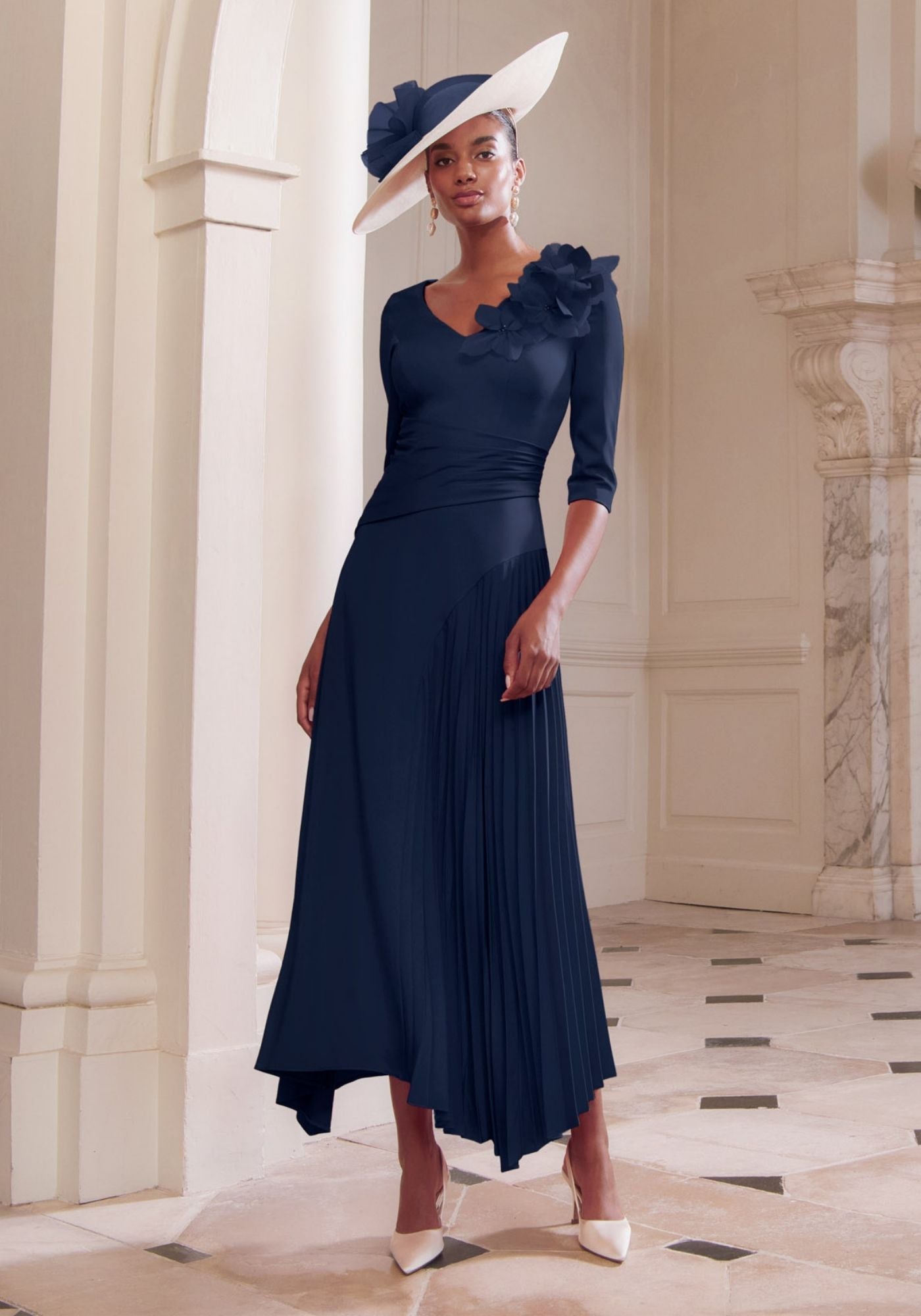 29352 Draped Crepe Midi Dress with Plissé Skirt | Mother of the