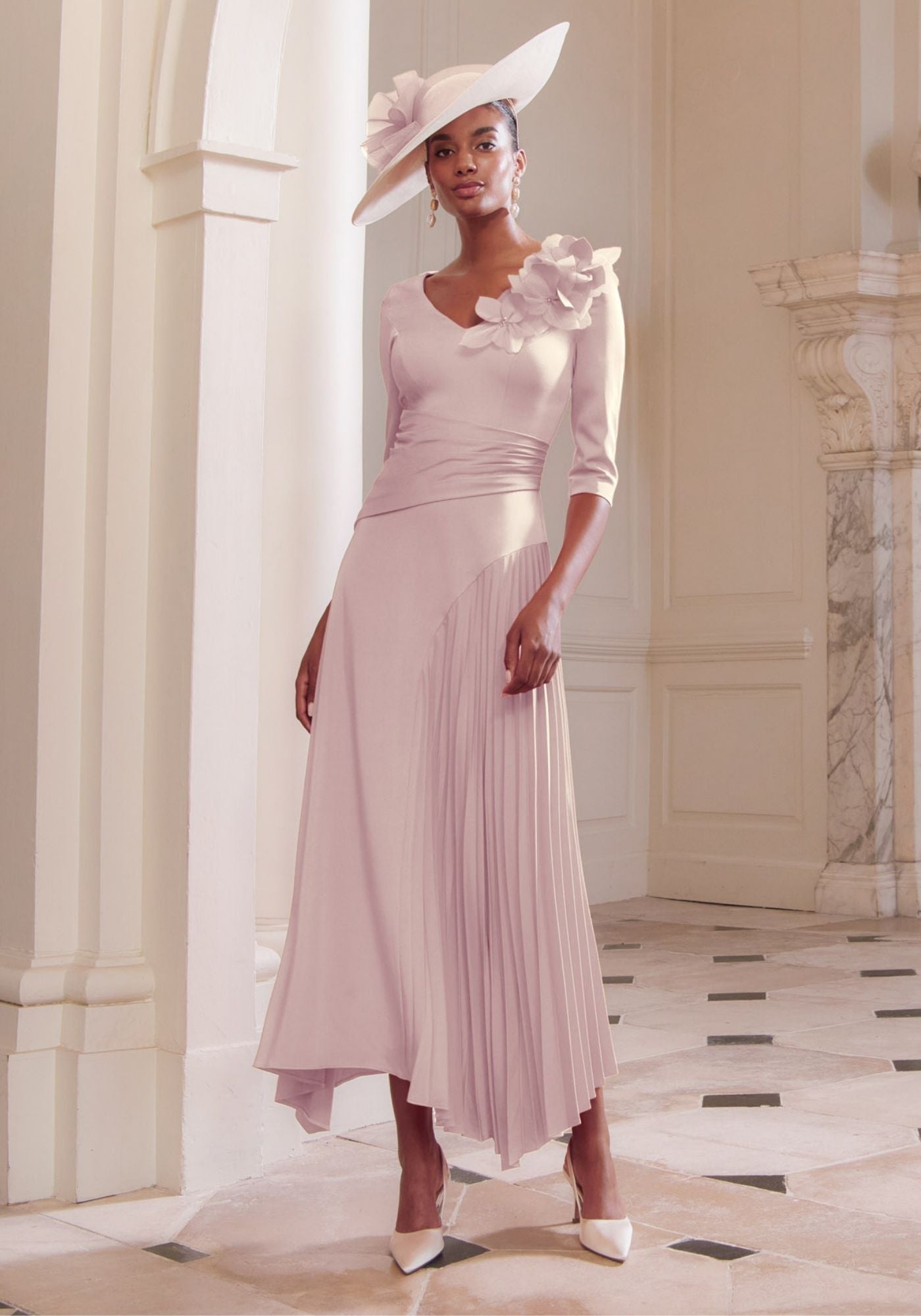 29352 Draped Crepe Midi Dress with Plissé Skirt | Mother of the