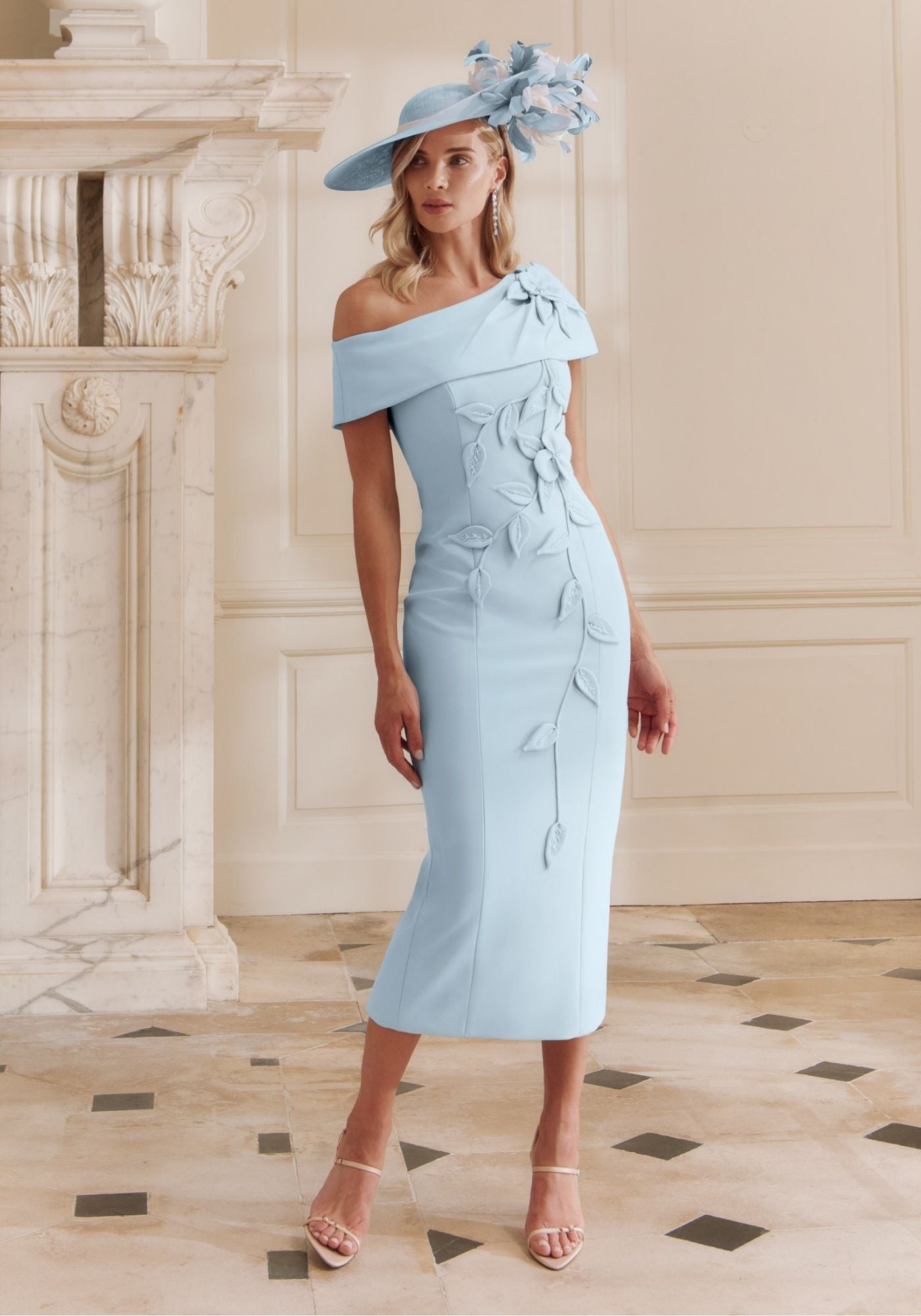 29357 Asymmetric Bardot Crepe Midi Dress with Floral Detail