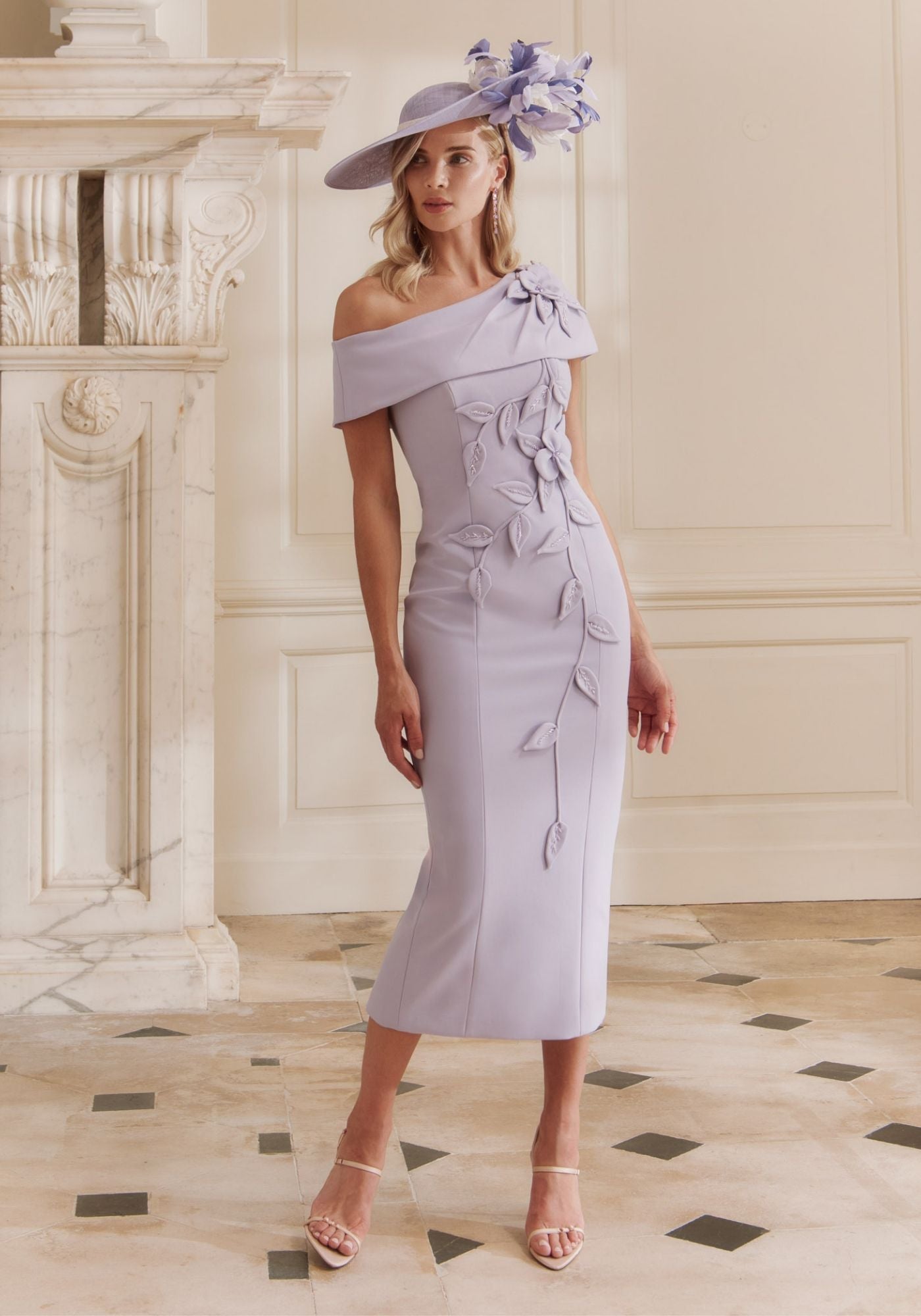 29357 Asymmetric Bardot Crepe Midi Dress with Floral Detail