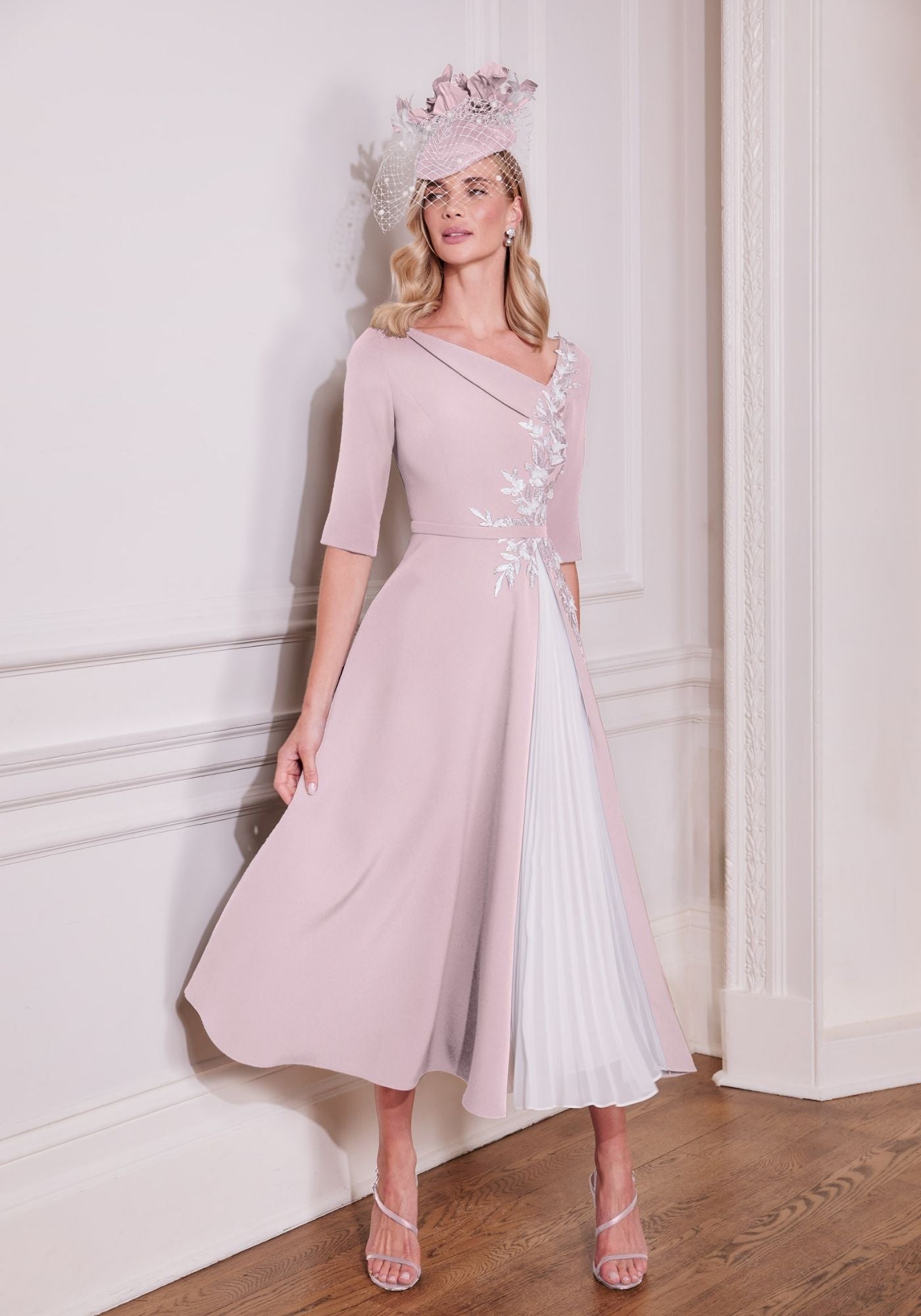 66688 Crepe Midi Dress with Lace Bodice & Contrast Plissé Skirt