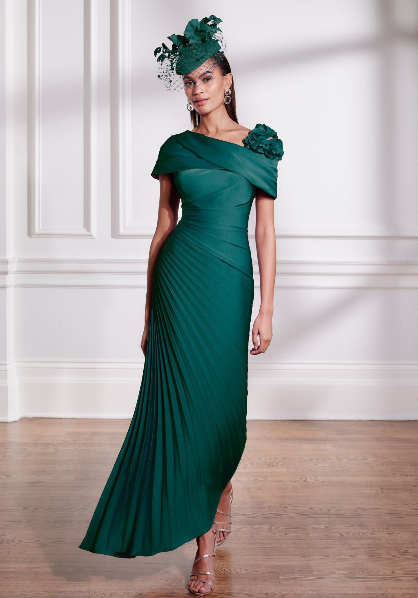 66703 Crepe Midi Dress with Plissé Skirt & 3D Floral Shoulder