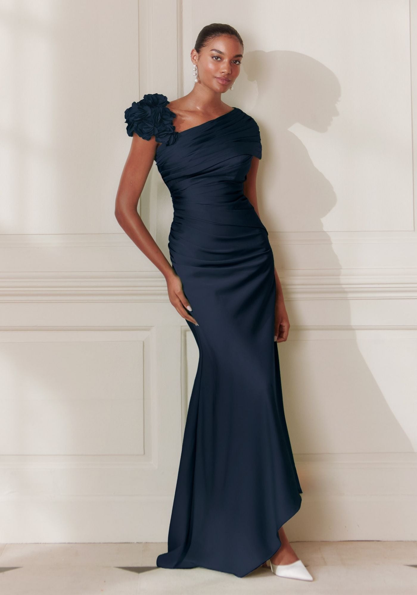 66740 Crepe Midi Dress with Pleated Collar & Floral Cutwork