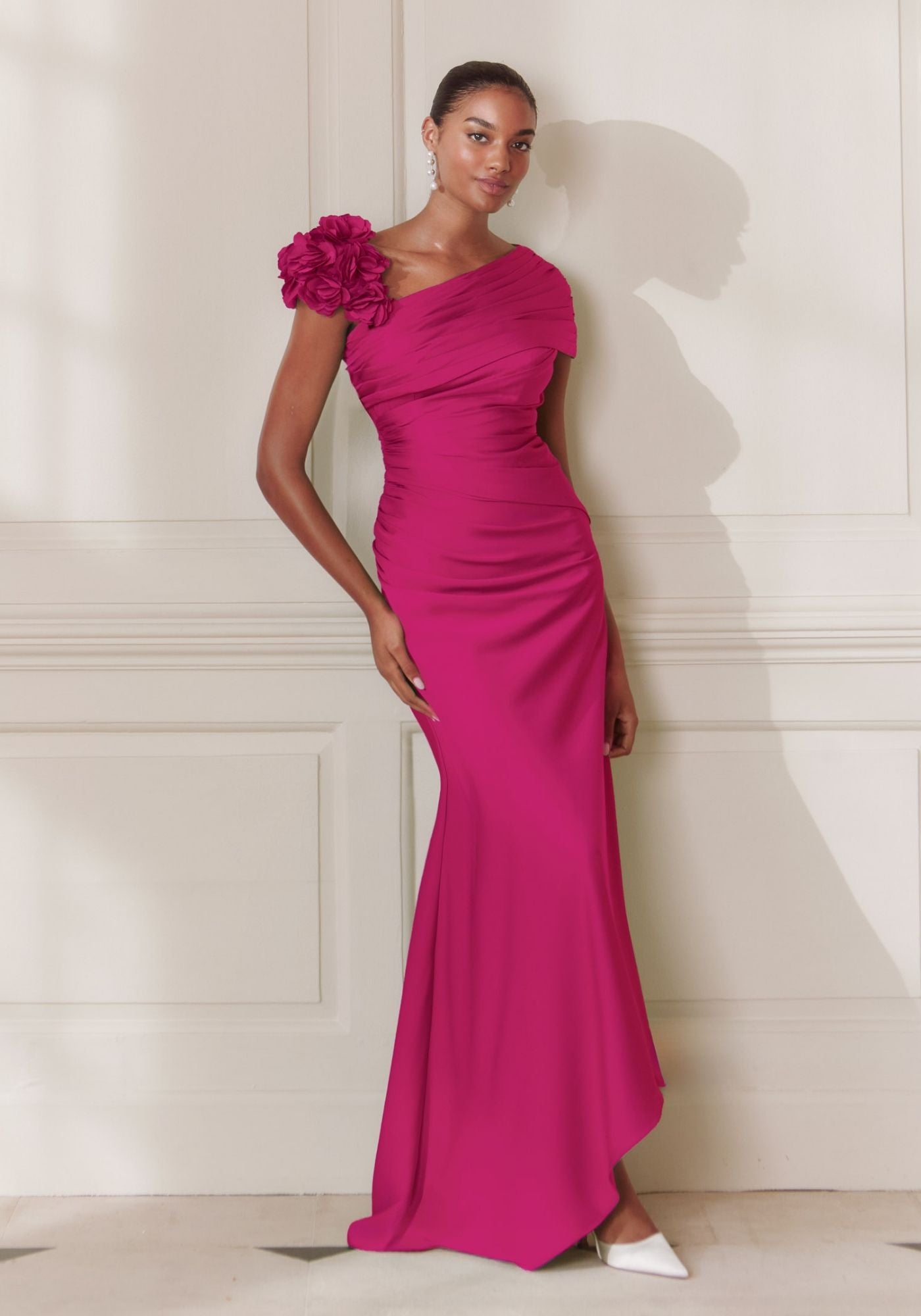 66740 Crepe Midi Dress with Pleated Collar & Floral Cutwork
