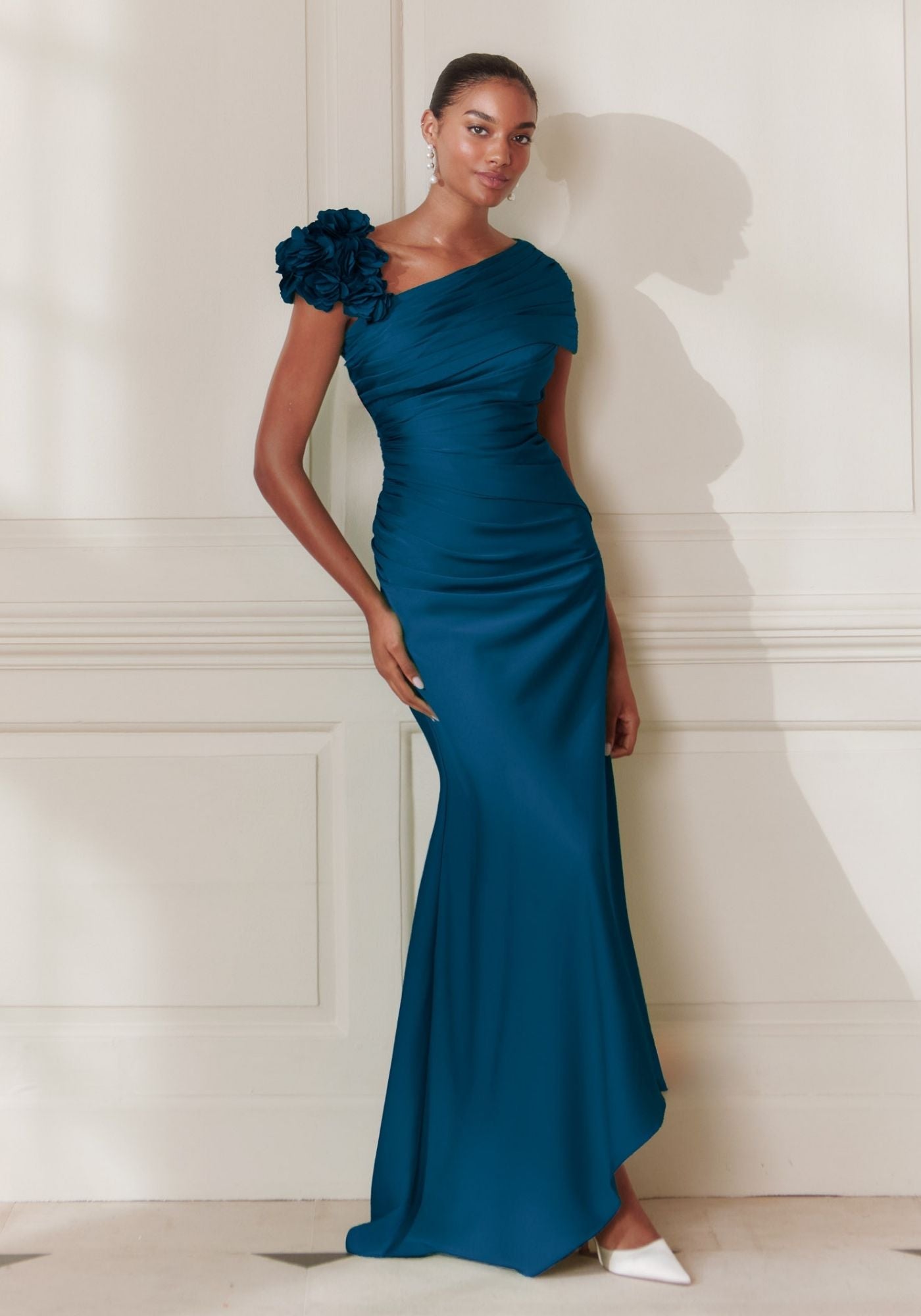 66740 Crepe Midi Dress with Pleated Collar & Floral Cutwork
