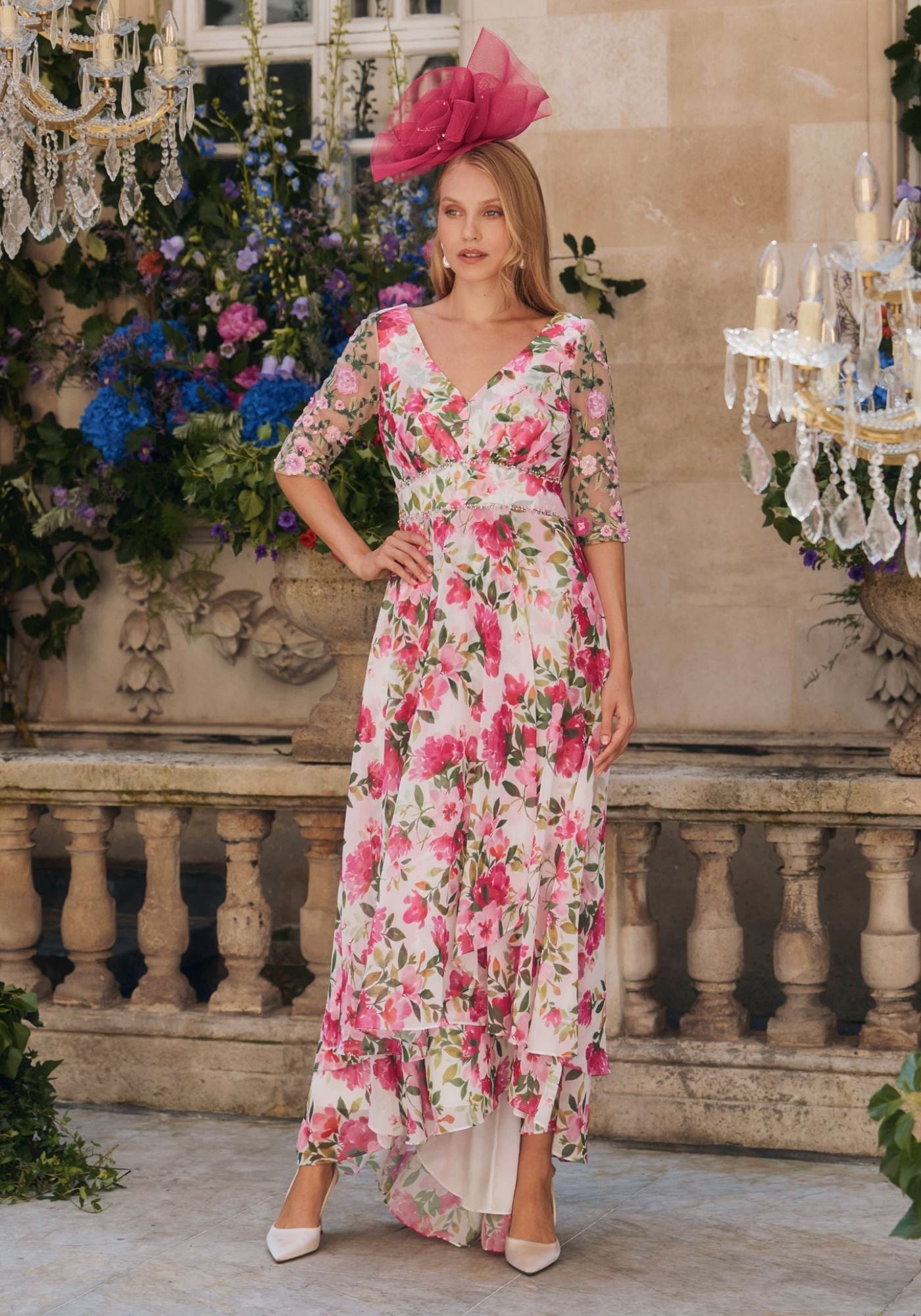 66745 Printed Chiffon Dress with Lace Sleeves & Beaded Waist