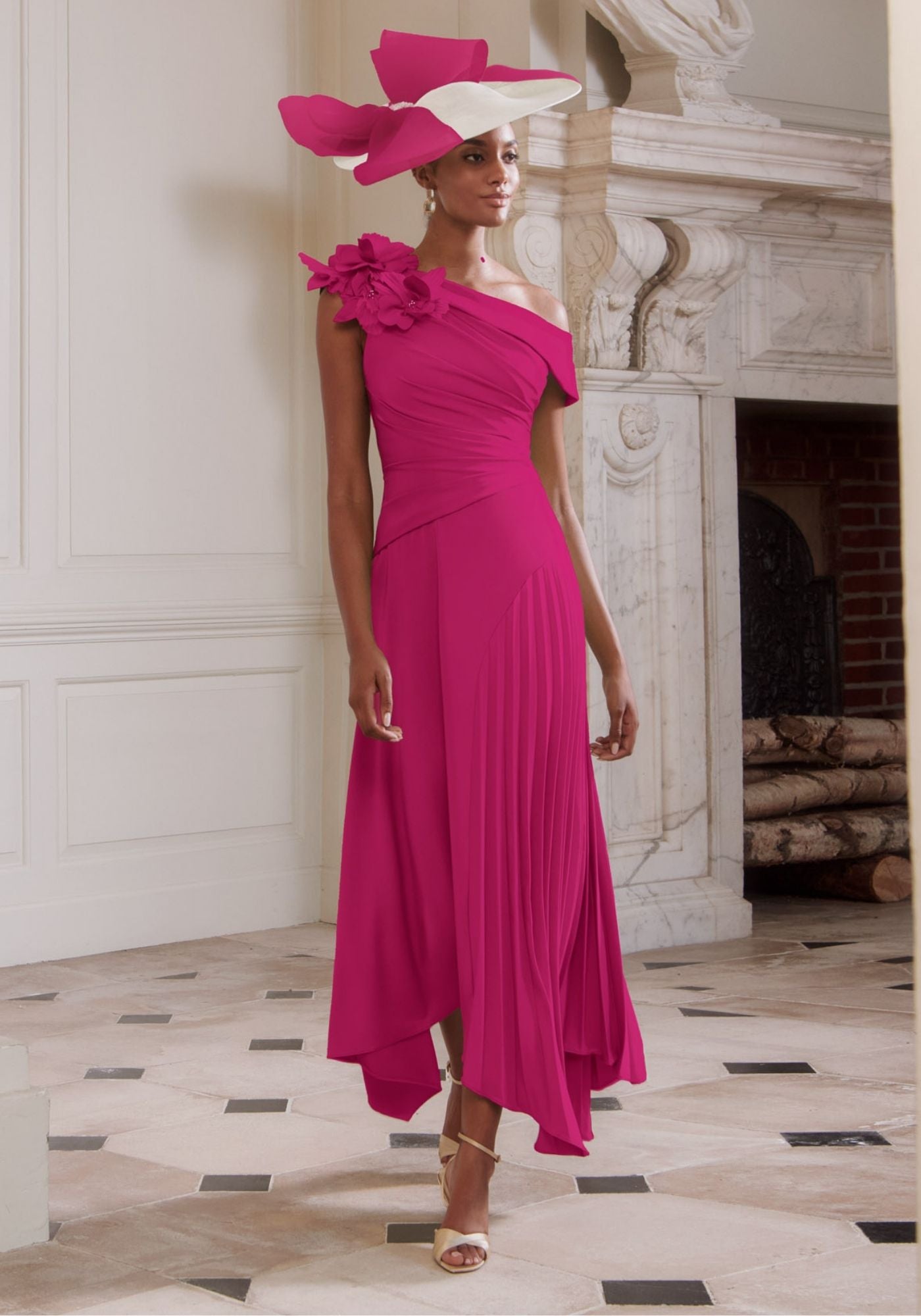 66755 Pleated A-Line Crepe Midi Dress with Floral Shoulder Detail