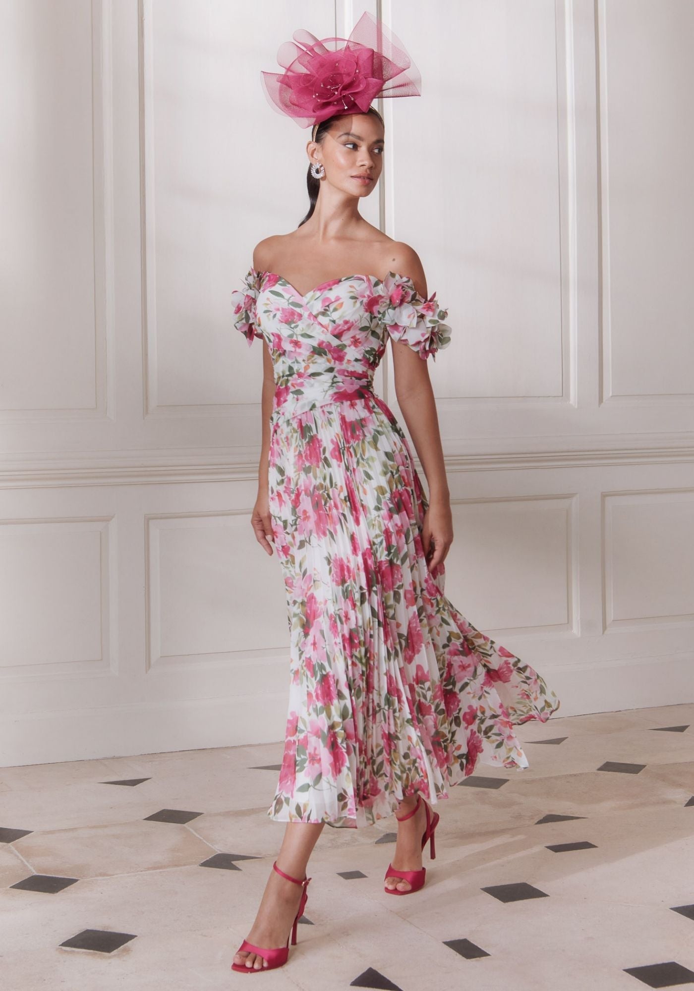 66766 Printed Chiffon Dress with Off-the-Shoulder Straps & Pleated Skirt