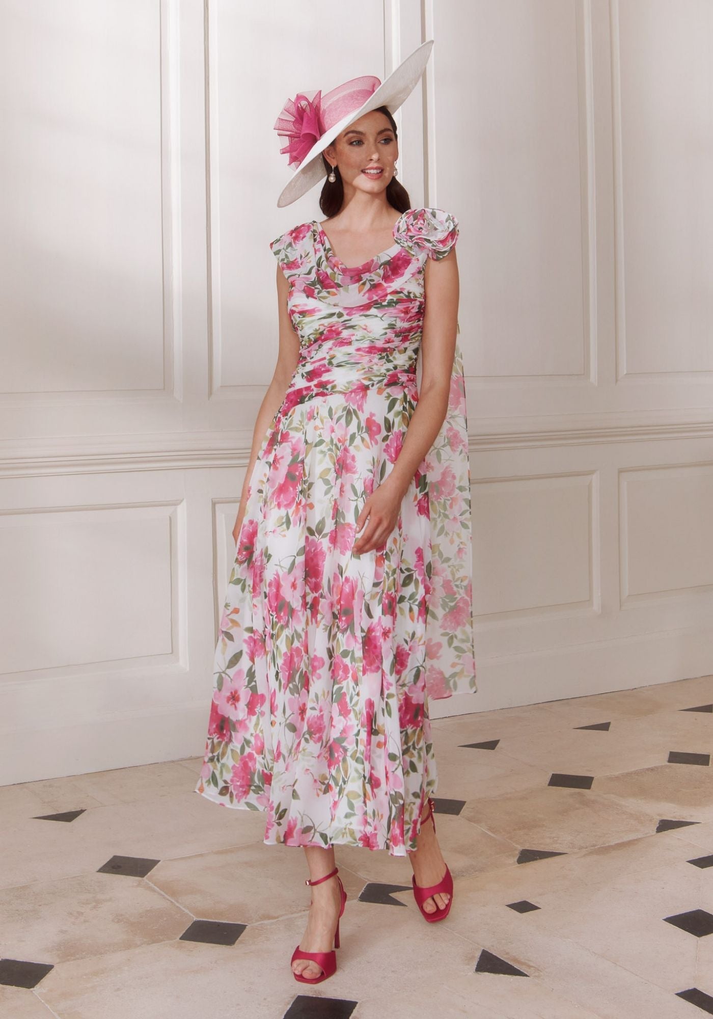 66767 Cowl Neck Printed Chiffon Dress with Ruched Bodice | Mother of ...