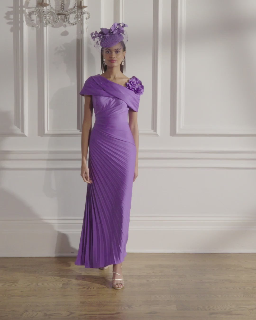 66703 Crepe Midi Dress with Plissé Skirt & 3D Floral Shoulder
